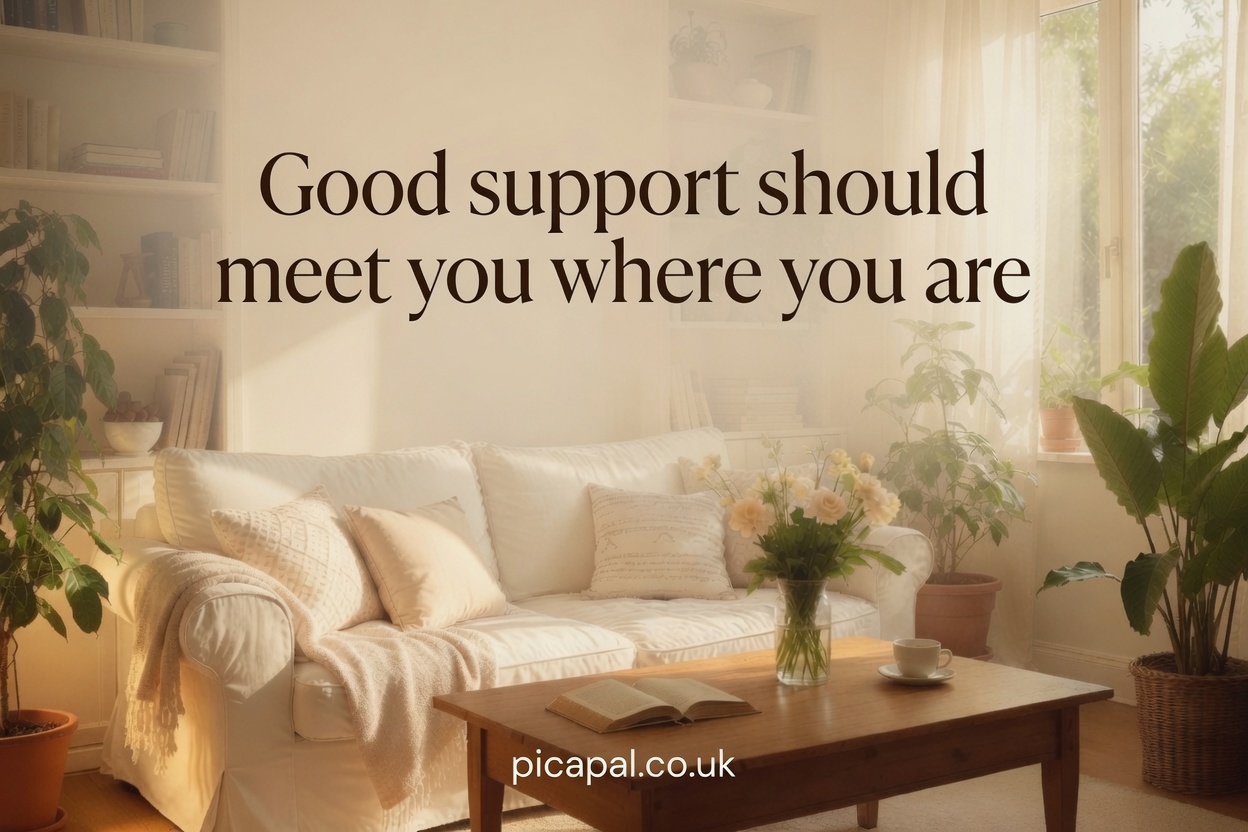A warm, sunlit sitting room with a cream sofa and fresh flowers. Headline: Good support should meet you where you are.