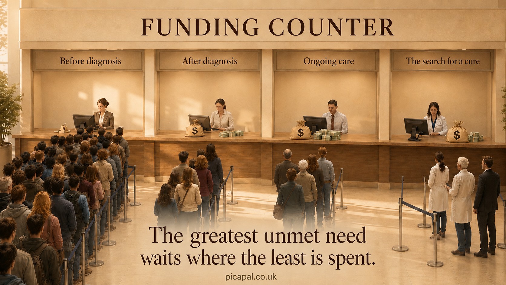 A wide bank funding counter with four windows labelled Before diagnosis, After diagnosis, Ongoing care, and The search for a cure. A large queue of people waits at the first window with only a small bag of money, while later windows have more. Headline: The greatest unmet need waits where the least is spent.