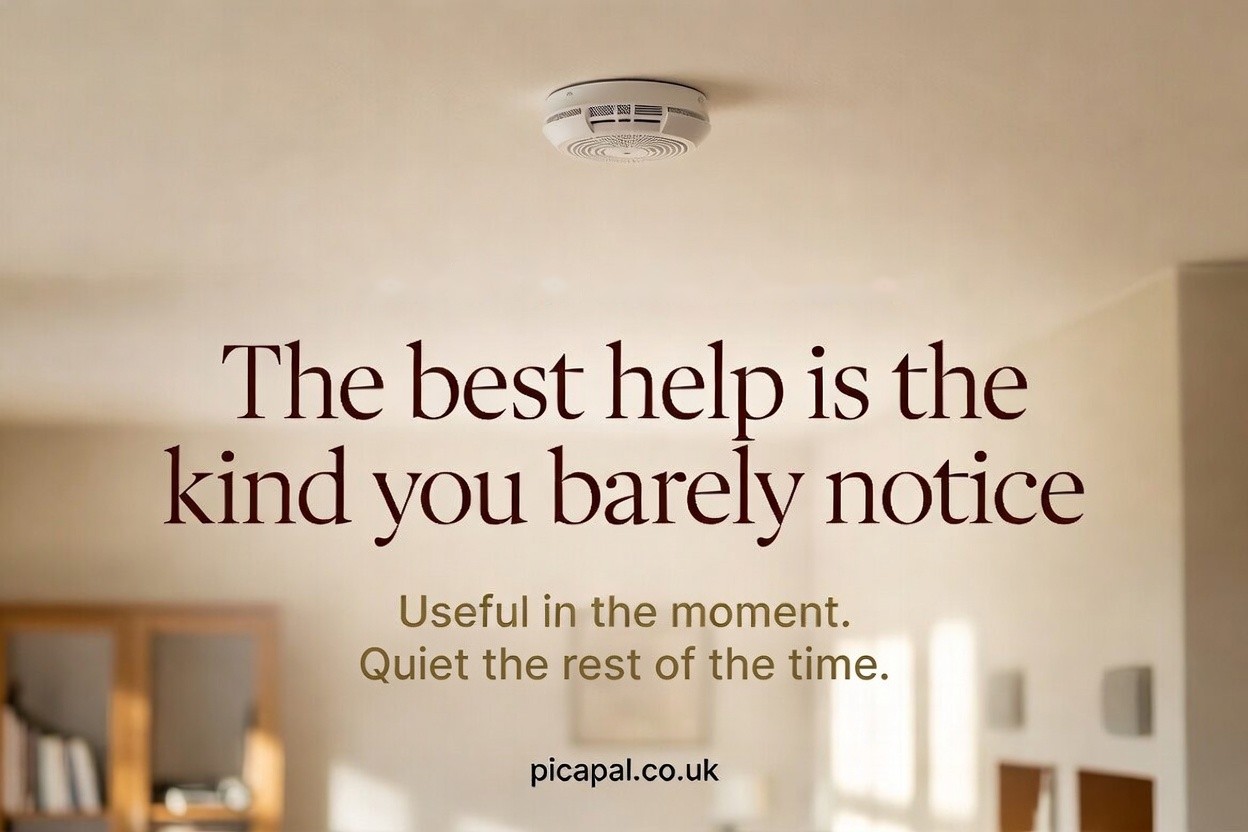 A smoke alarm on the ceiling of an ordinary room. Headline: The best help is the kind you barely notice.