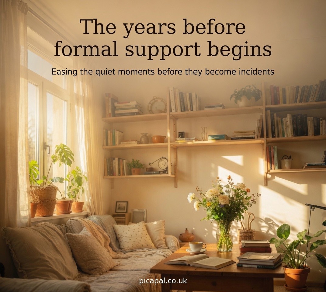 A warm, lived-in room in soft afternoon light. Headline: The years before formal support begins.